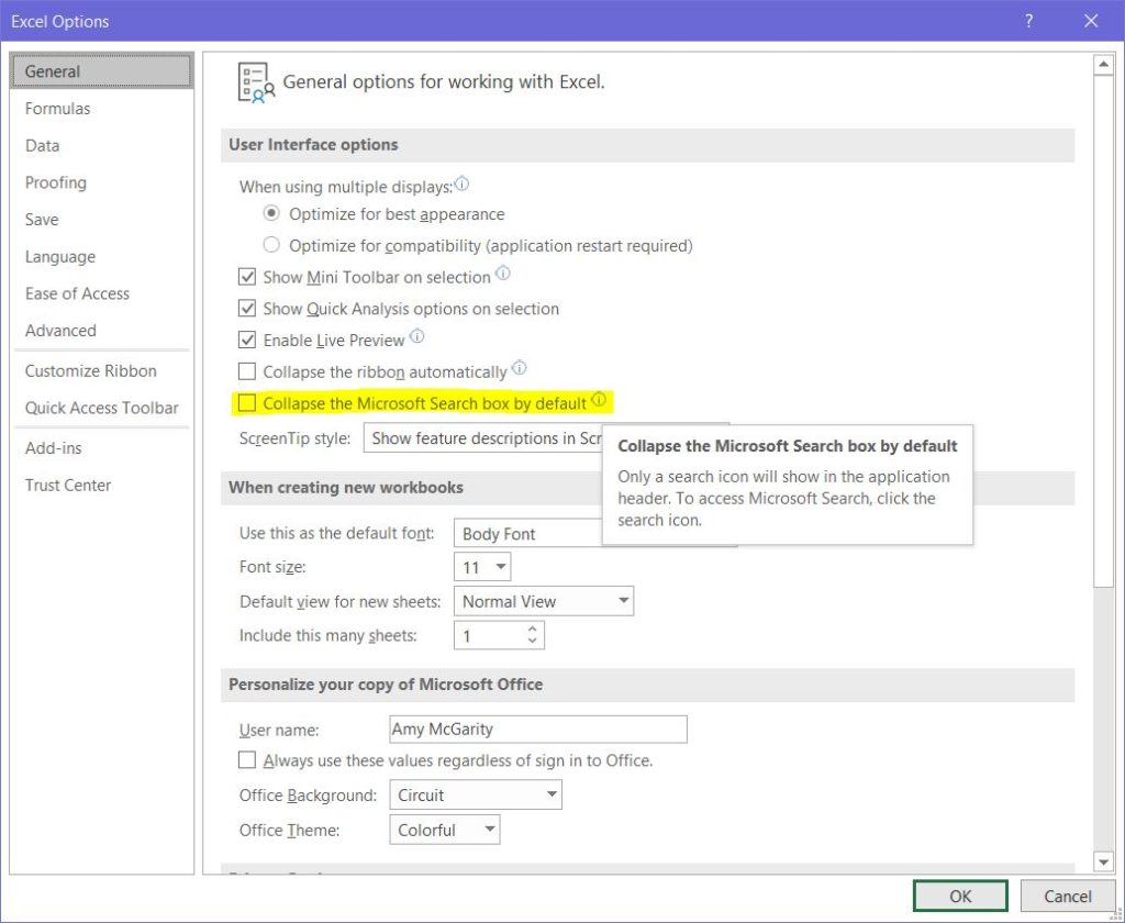 how to remove the search box from the top bar of excel